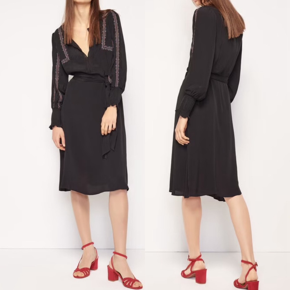 BA&SH Targa Black Midi Dress Womens Size Small or 6 V-Neck Embroidered Bohemian